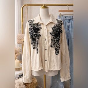 NWOT POL Floral Lace Beaded Appliqué Button Down Cropped Jacket Shacket Sz S